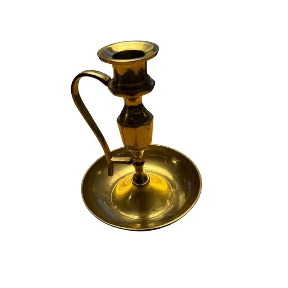 Vintage Solid Brass Chamberstick Candle Holder Taper Candlestick with Drip Pan